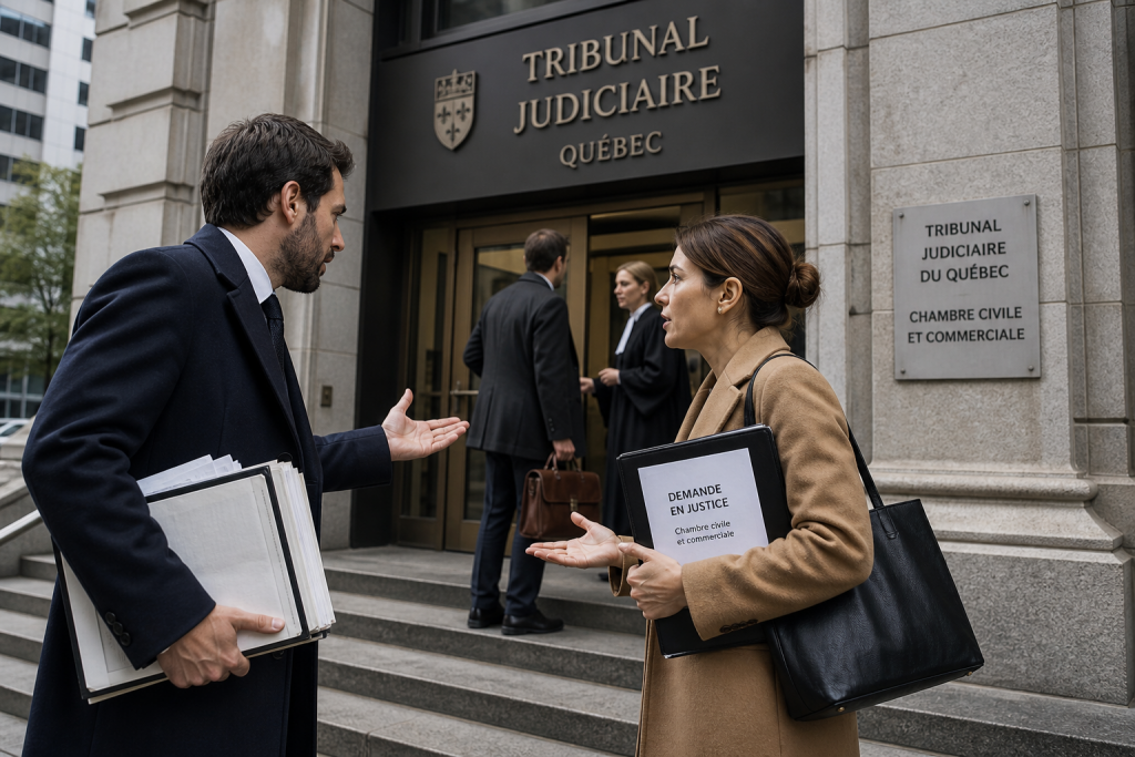 Image de personnes gérant les différentes étapes d'un litige civil et commercial 